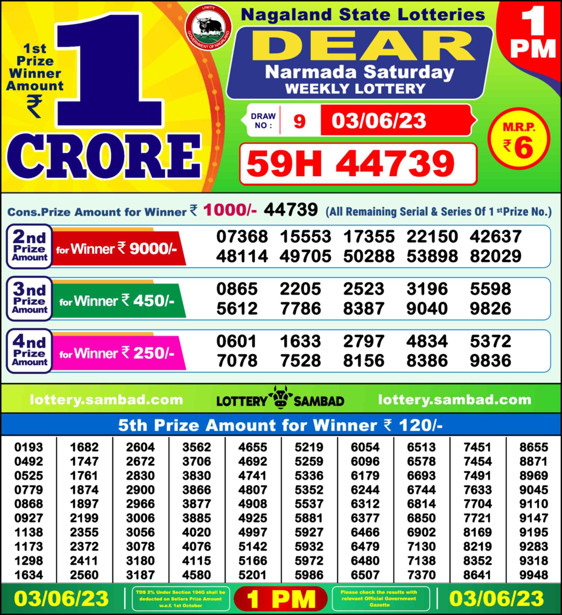 Lottery Sambad 03.06.23 Dear Lottery Result 1pm