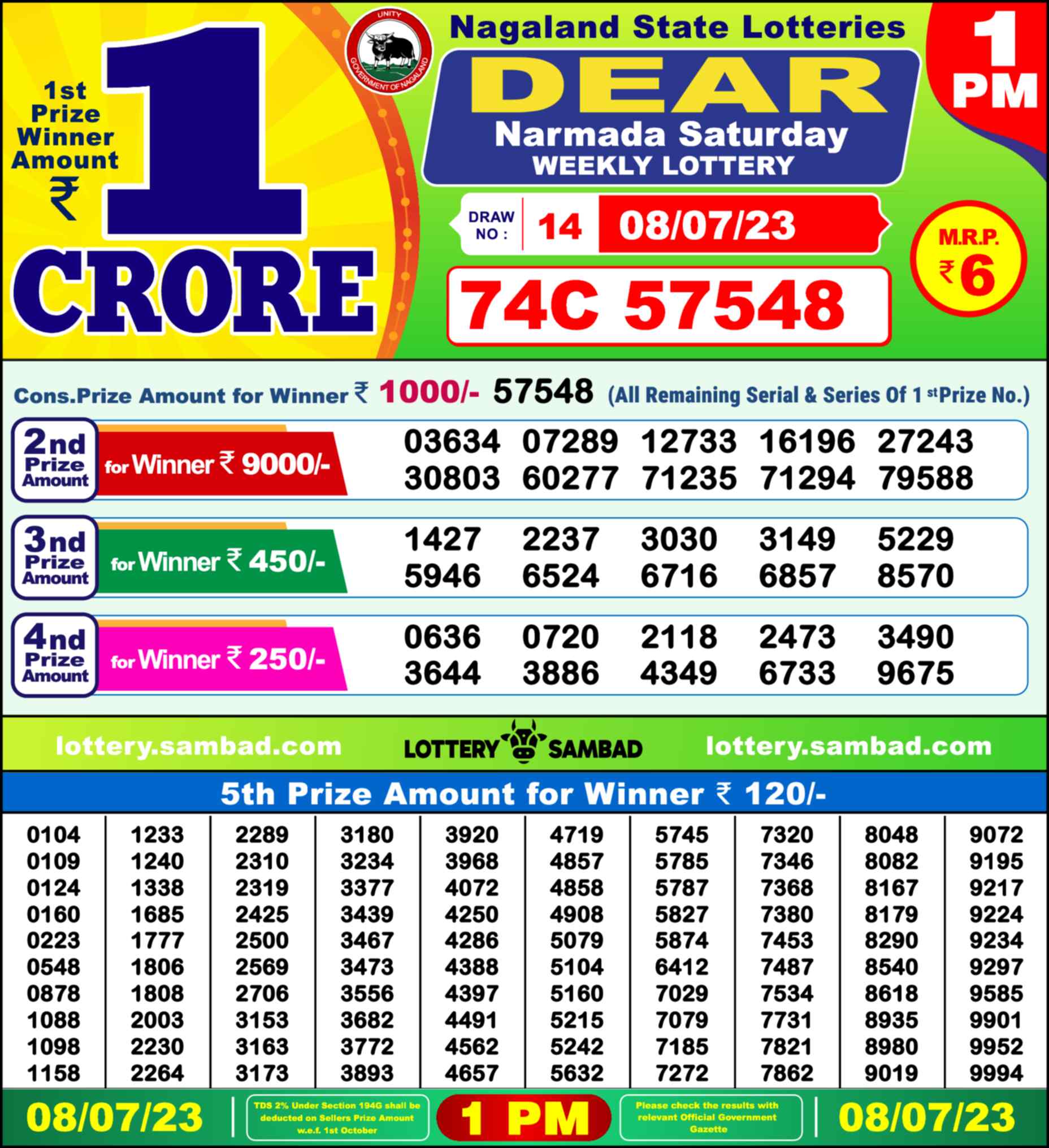 Lottery Sambad 08.07.23 Dear Lottery Result 1pm