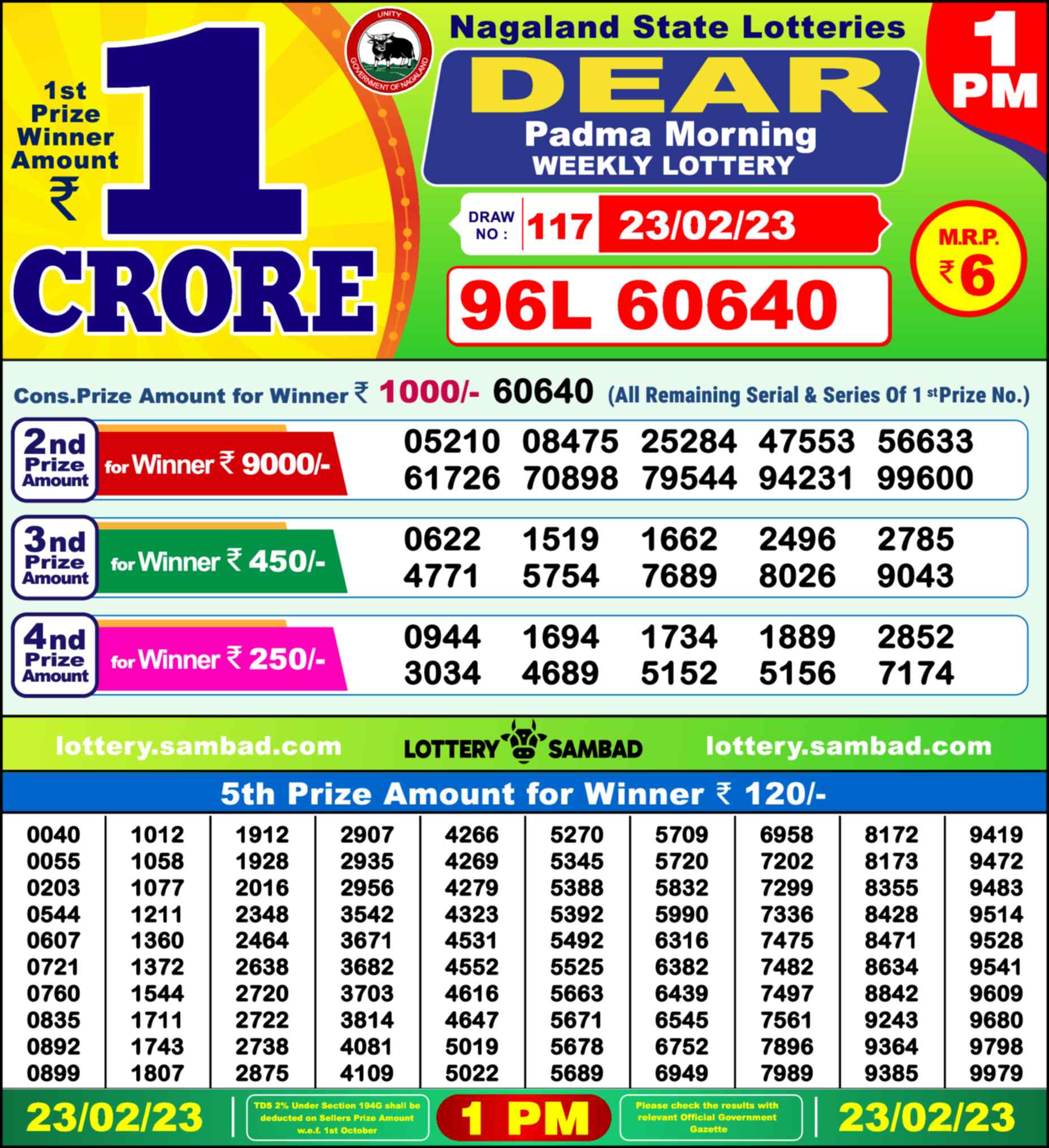Lottery Sambad 23.02.23 Dear Lottery Result 1pm